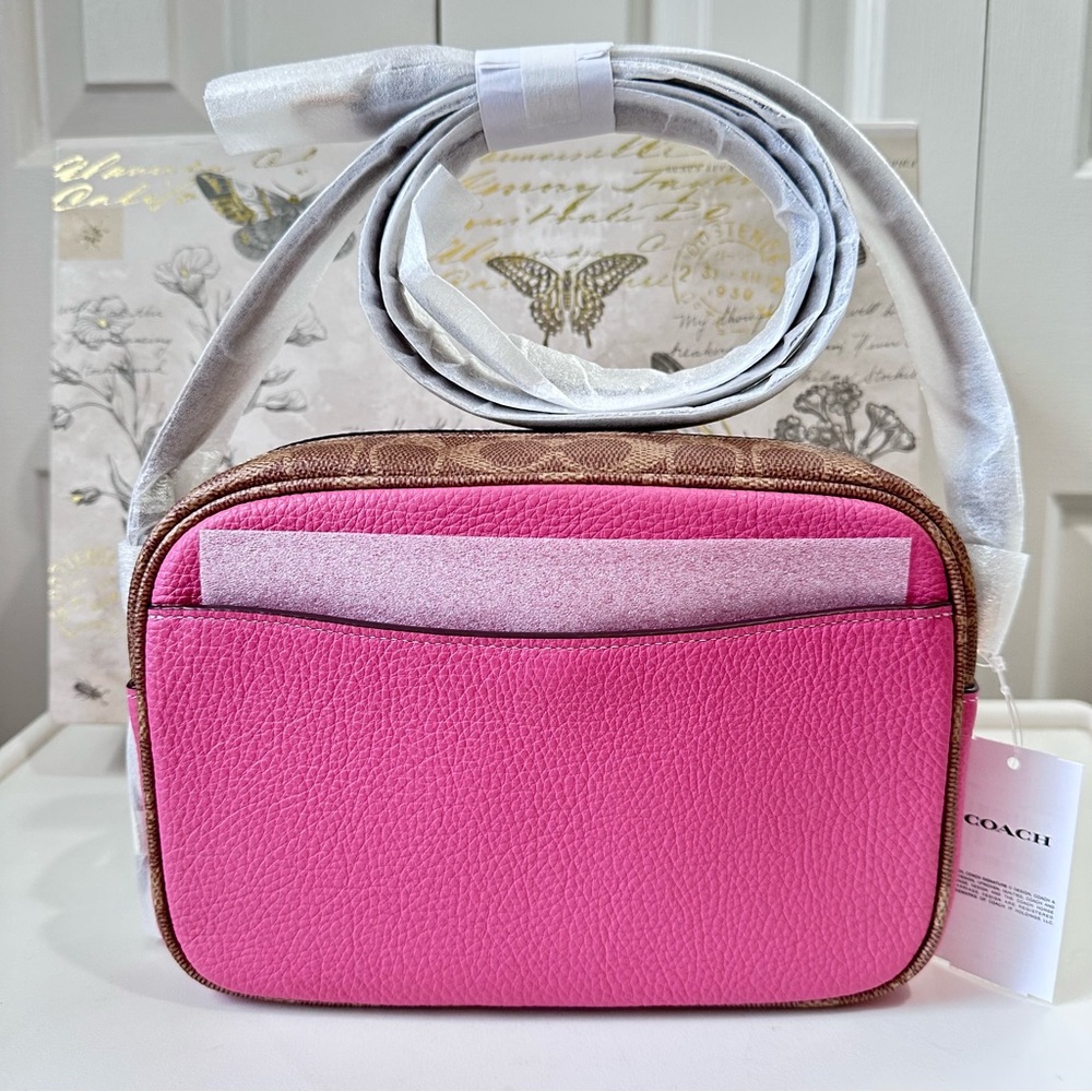 Coach Jamie Pink Tan Leather Crossbody Camera Bag CBM24 Signature Trim Print - Picture 5 of 16